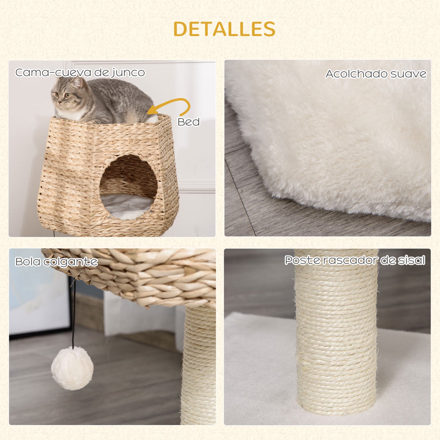 Pawhut Árbol Rascador Para Gatos Pequeño 66cm Con Cueva De Juncos Cama Y Cojines_4