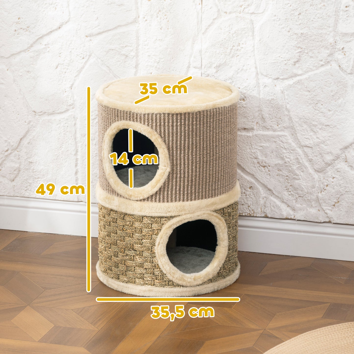 Pawhut Barril Rascador Para Gatos De 2 Niveles 49 Cm Con Cama Caqui Y Café_2