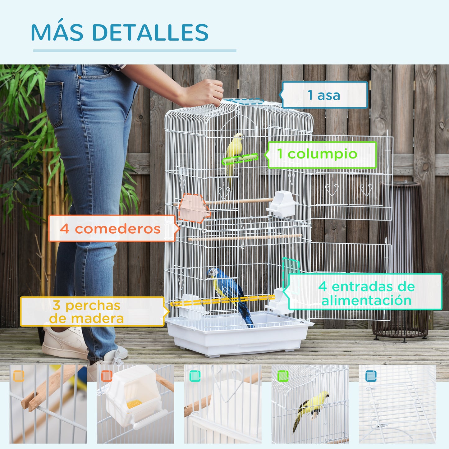 Pawhut Jaula Para Pájaros Con Puertas Comederos Y Bandeja 47,5x36x91 Cm Blanco_5