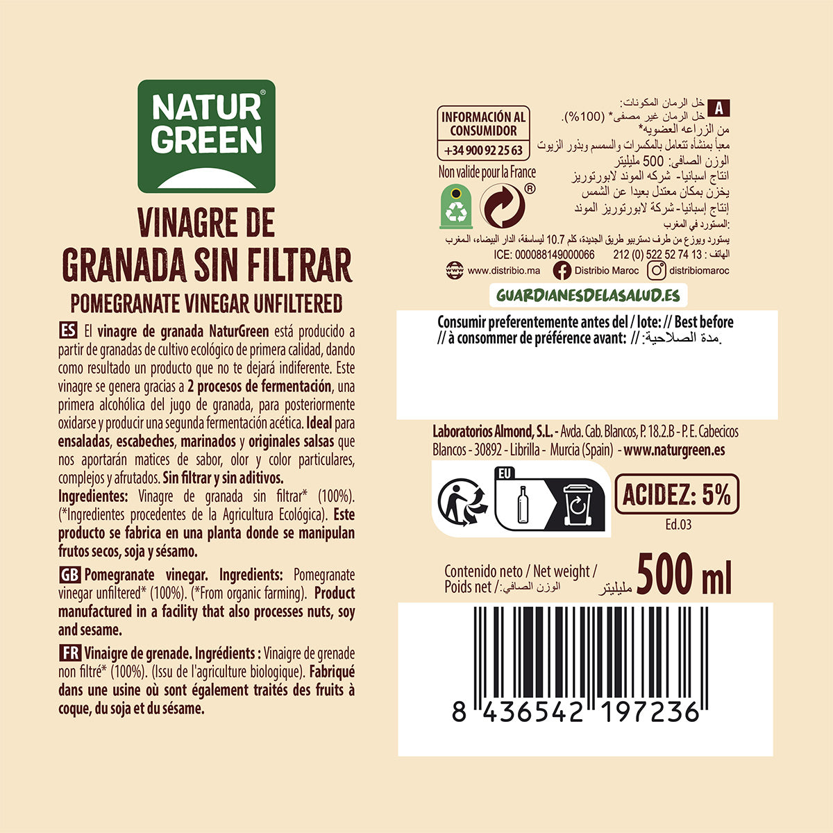 Vinagre de Granada Bio sin filtrar NaturGreen 500 ml
