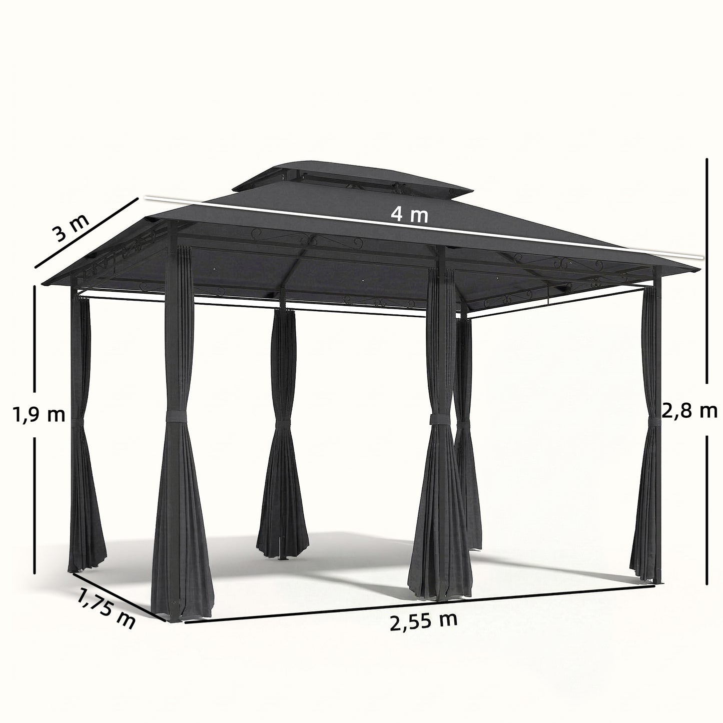 Outsunny Cenador Para Jardín 3x4 M Con Doble Techo Paredes Laterales Gris_2