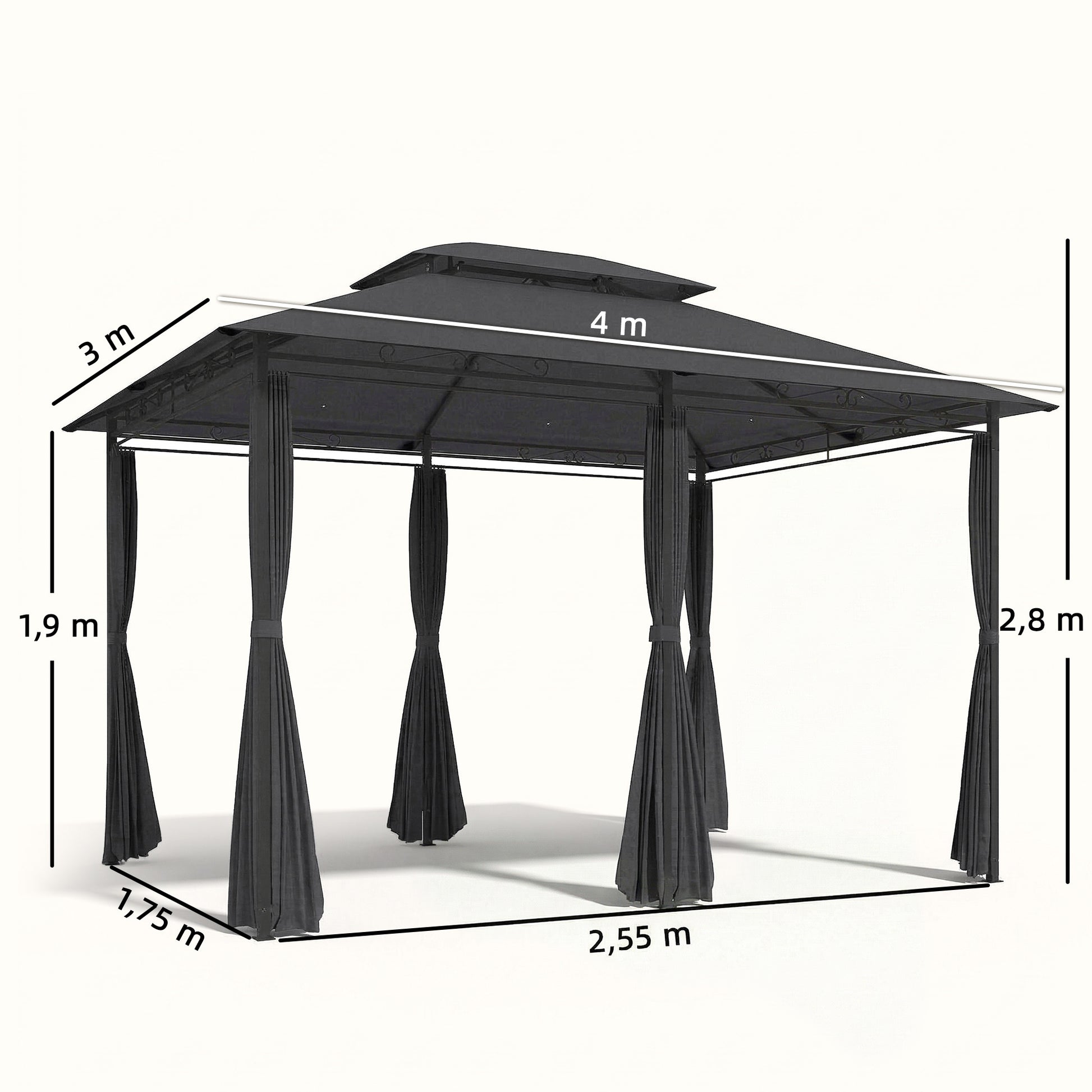 Outsunny Cenador Para Jardín 3x4 M Con Doble Techo Paredes Laterales Gris_2