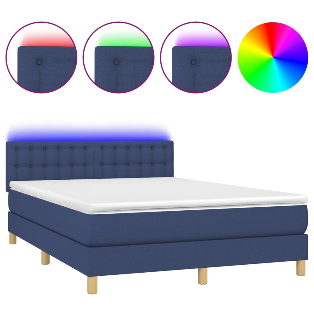 Cama Box Spring Colchón Y Luces Led Tela Azul 140x190 Cm / Vetonek_3