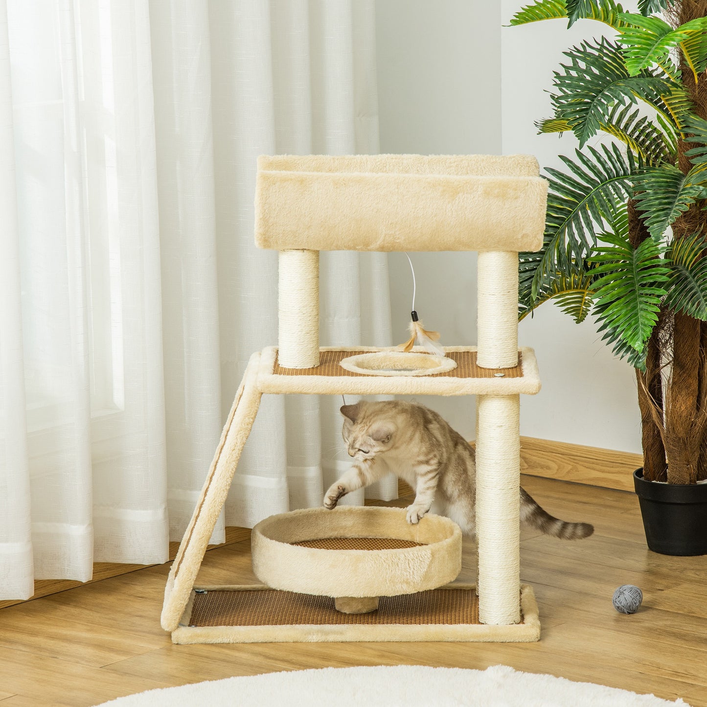 Pawhut Árbol Rascador Para Gatos 60x30x76cm Con Cama Postes Rascadores De Sisal_3