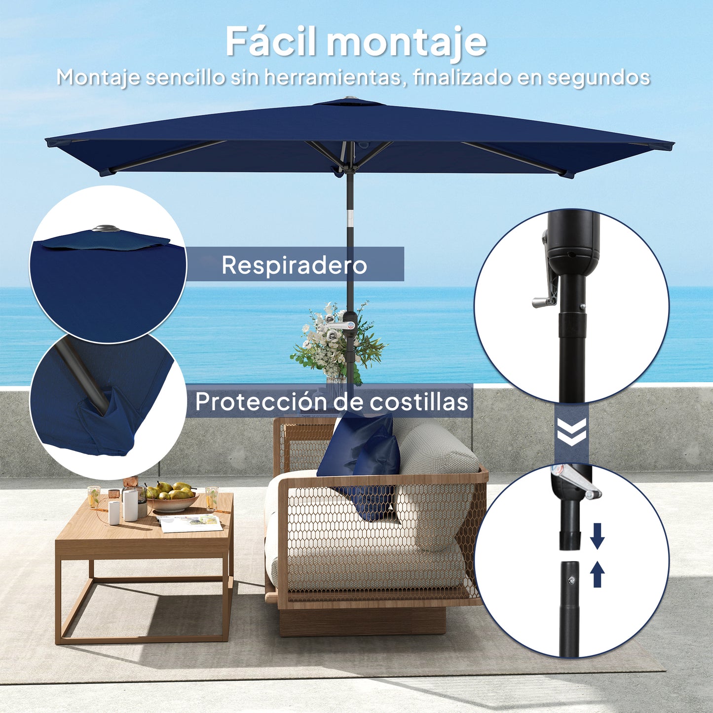 Outsunny Sombrilla De Terraza Exterior 200x300 Cm Ángulo Ajustable Azul Marino_5
