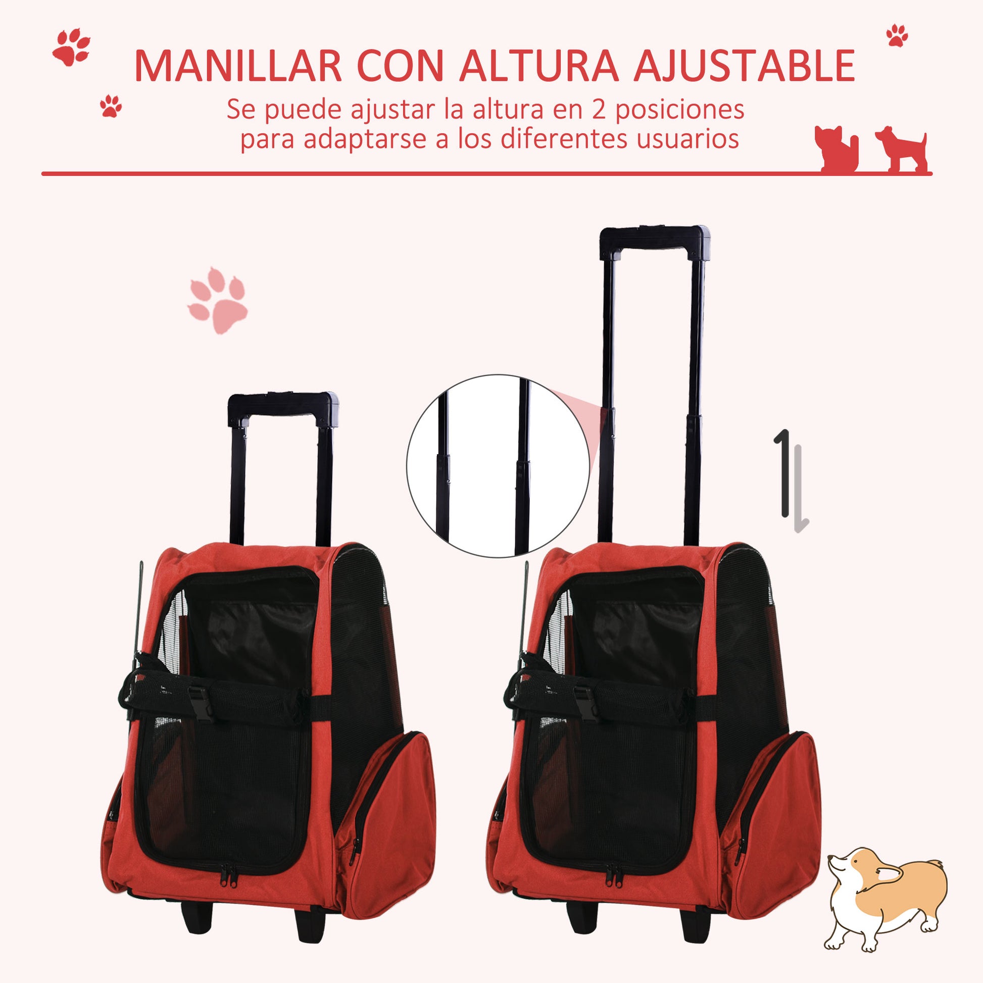 Pawhut Transportín 2 En 1 Para Mascotas Carrito Mochila Ruedas 42x25x55 Cm Rojo_4