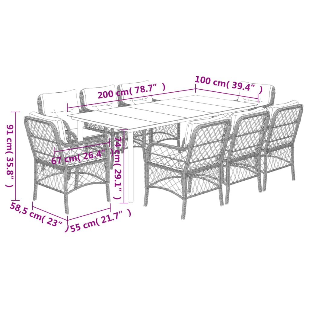 Set De Comedor De Jardín 9 Pzas Y Cojines Ratán Sintético Negro / Vetonek_1