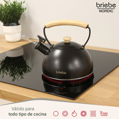 Briebe Tetera Con Silbato, Hervidor De Agua 2,3l, Inducción, Acero Inox, Vintage, Mango Madera, Wooden, Negro_2