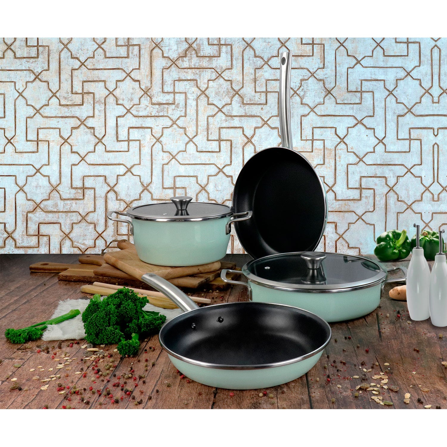 Batería Cocina Inducción 6 Piezas, Antiadherente Libre Pfoa Exterior Verde Menta Retro Vintage Magefesa Nordic, Verde_1
