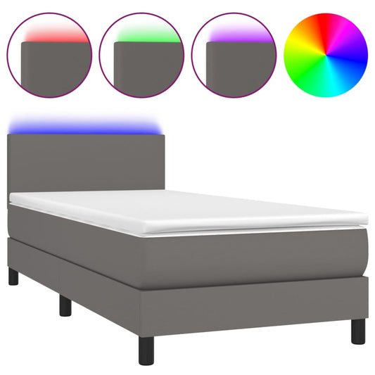 Cama Box Spring Y Colchón Led Cuero Sintético Gris 80x200 Cm / Vetonek_0