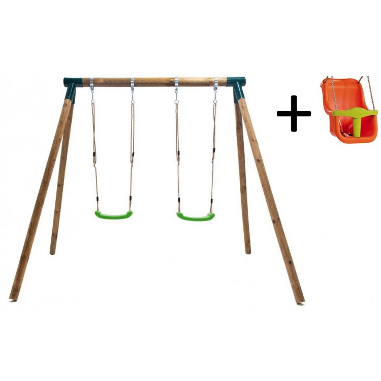 Columpio Doble De Madera Redonda Masgames Kibo Xl + Asiento Bebe._0