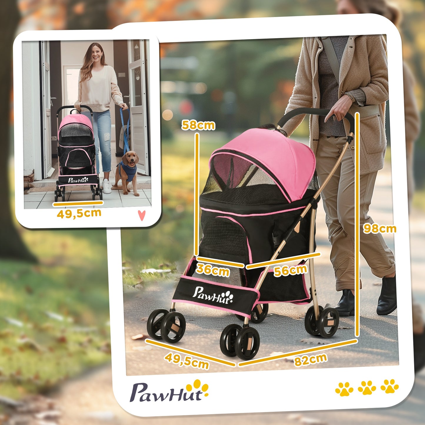 Pawhut Carrito Para Perros Plegable 3 En 1 Con Vagón Desmontable Rosa_2