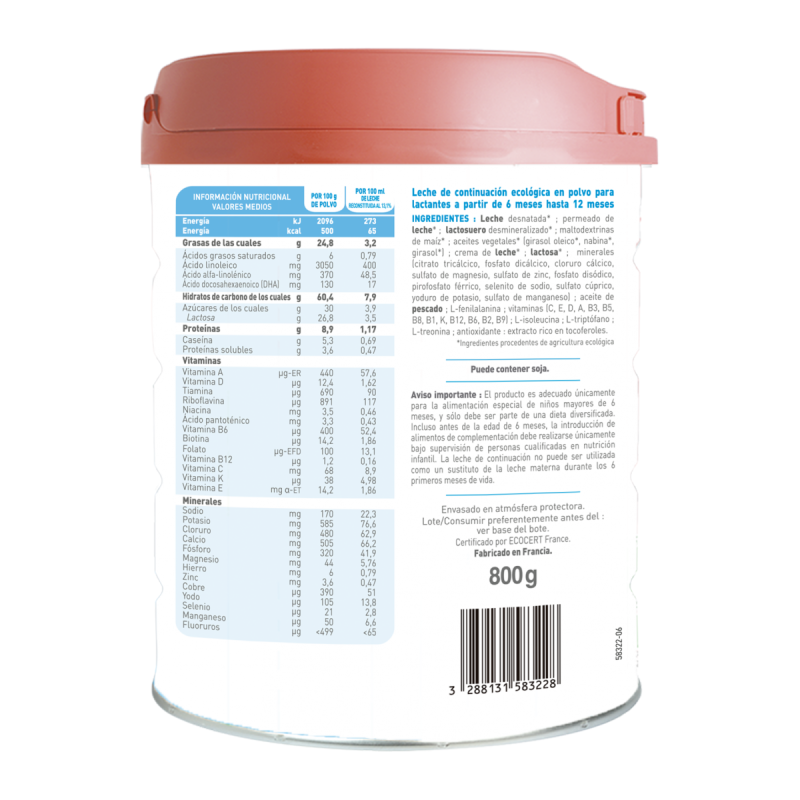Leche continuación Primea 2 (6 a 12 meses) Ecológica Babybio 800g