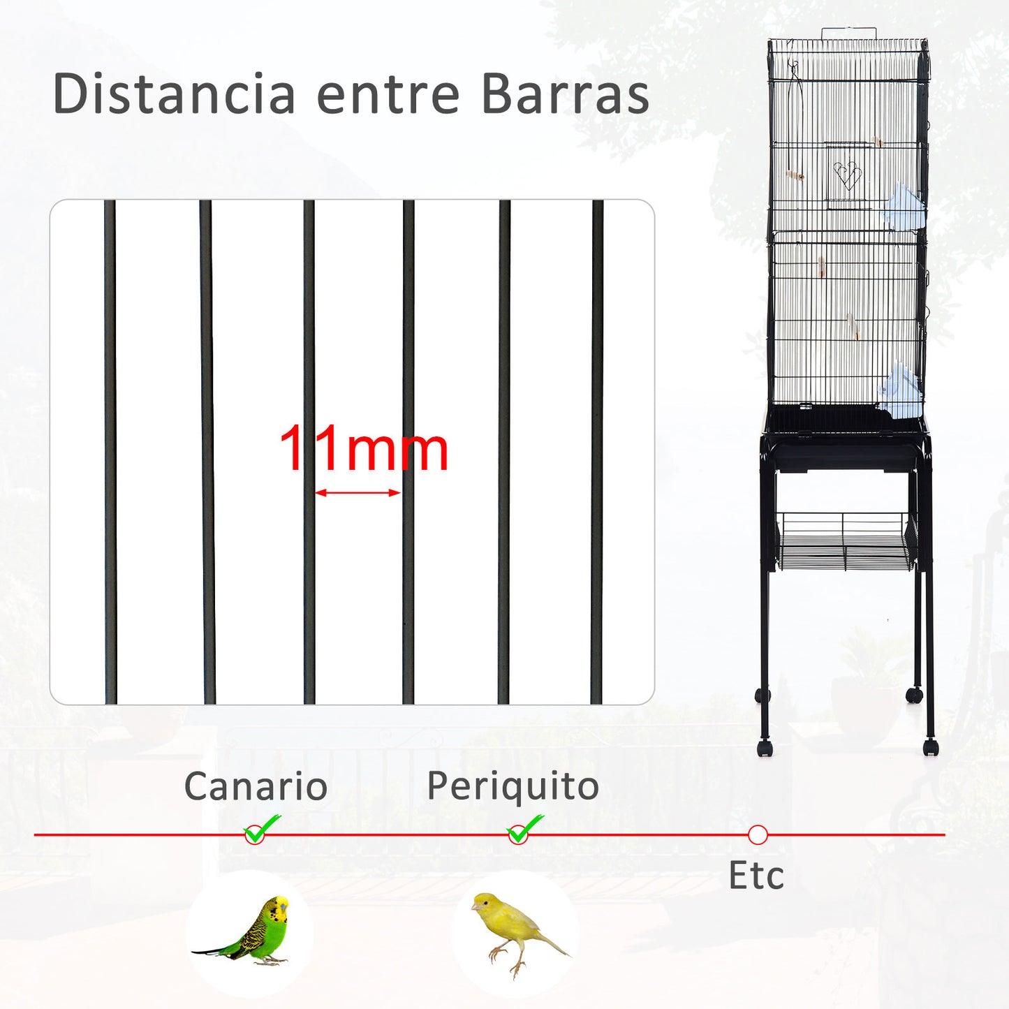 Pawhut Jaula Para Pájaros Con Soporte 4 Ruedas Y Comederos 47,5x37x153 Cm Negro_5