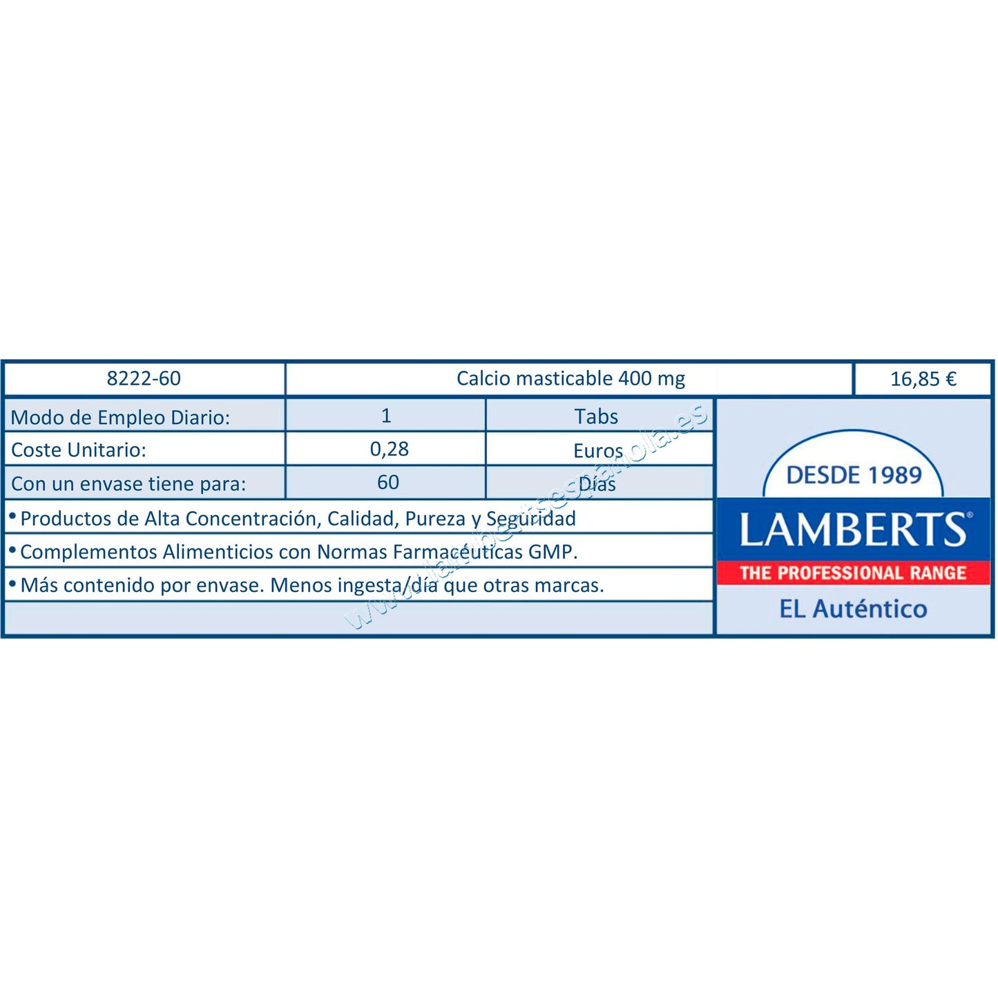 Calcio Masticable 400 mg 60 Comprimidos Lamberts