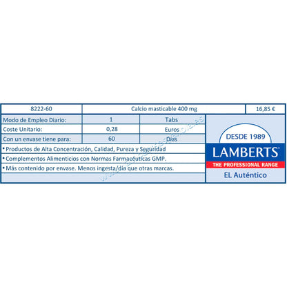 Calcio Masticable 400 mg 60 Comprimidos Lamberts