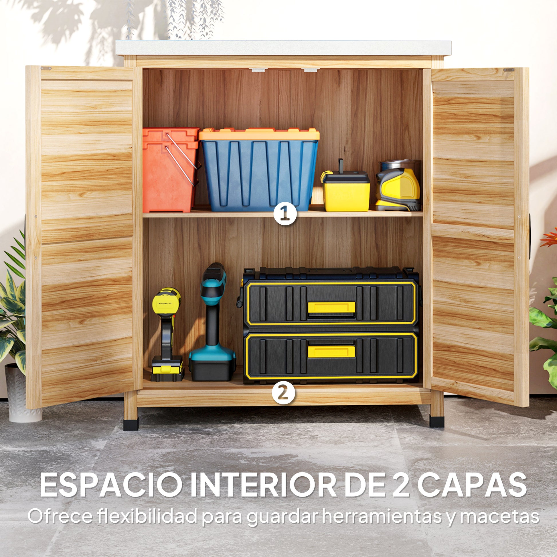 Outsunny Caseta De Jardín De Madera Con Techo De Acero Y 2 Puertas Natural_5