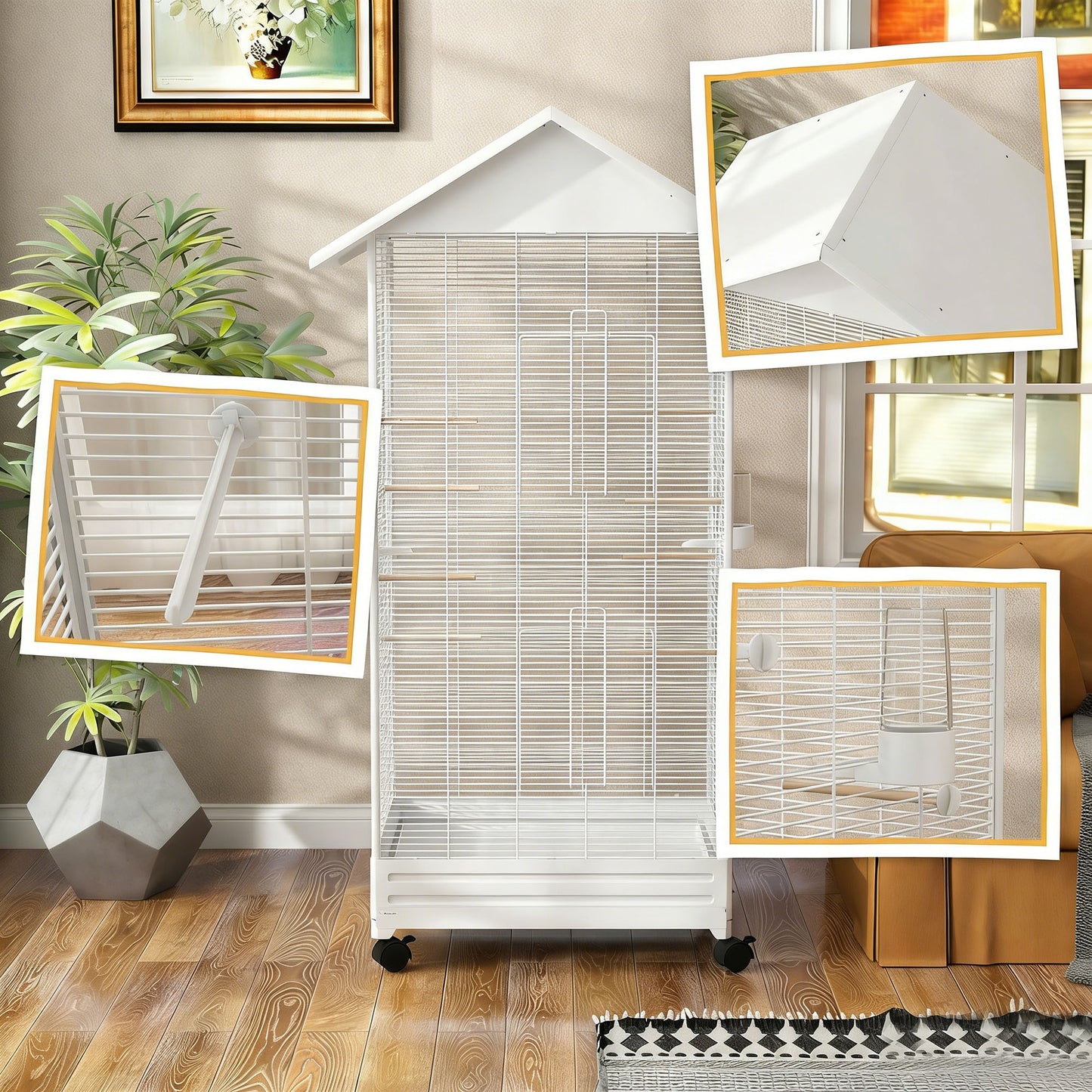 Pawhut Jaula Para Pájaros Con Ruedas 79x65x155 Cm 2 Comederos 8 Perchas Blanco_3