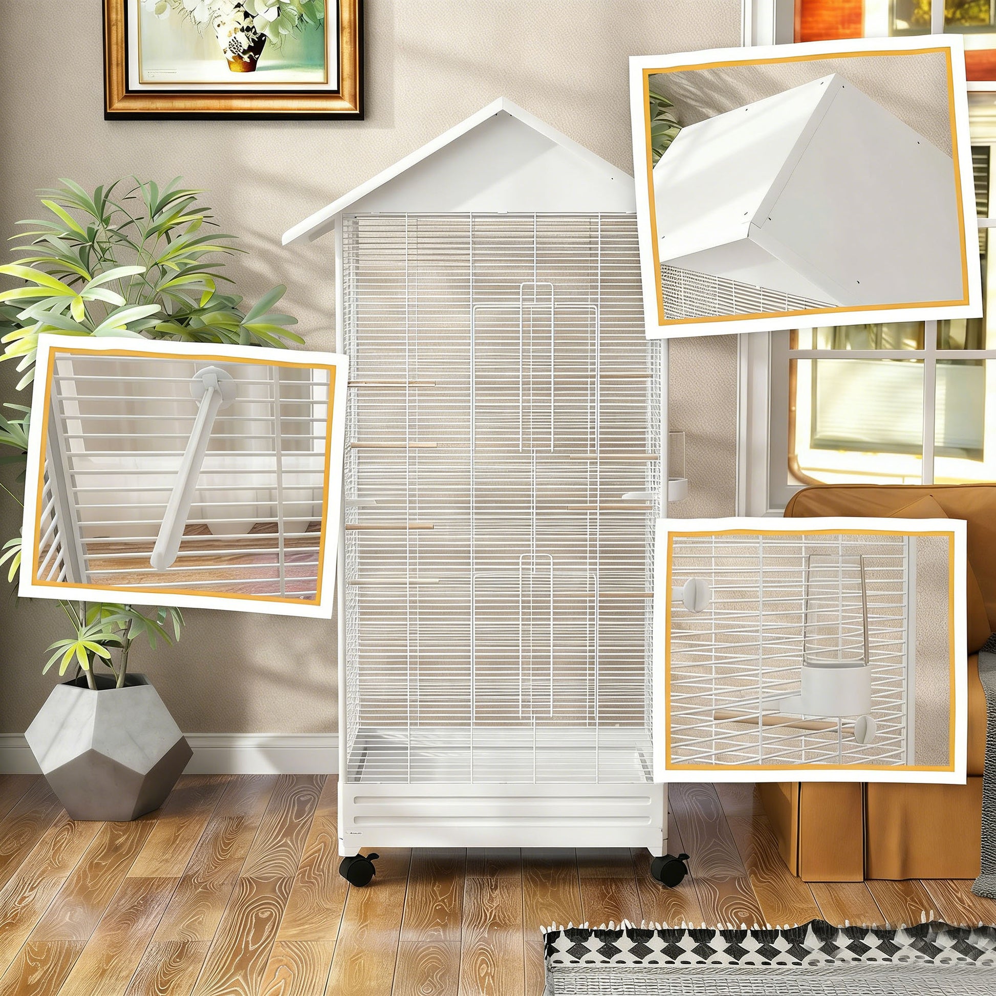 Pawhut Jaula Para Pájaros Con Ruedas 79x65x155 Cm 2 Comederos 8 Perchas Blanco_3