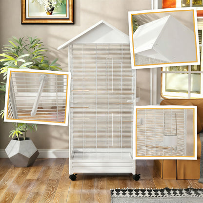 Pawhut Jaula Para Pájaros Con Ruedas 79x65x155 Cm 2 Comederos 8 Perchas Blanco_3