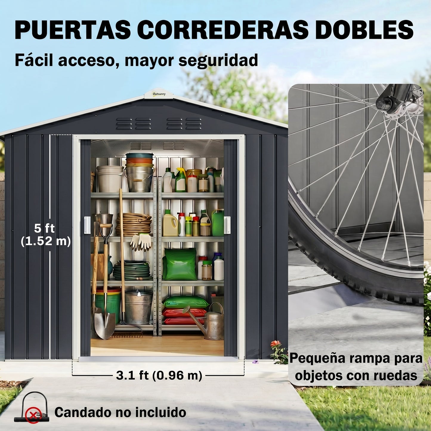 Outsunny Caseta De Jardín 213x130x185 Cm Con 2 Puertas Correderas Y 4 Ventanas_5
