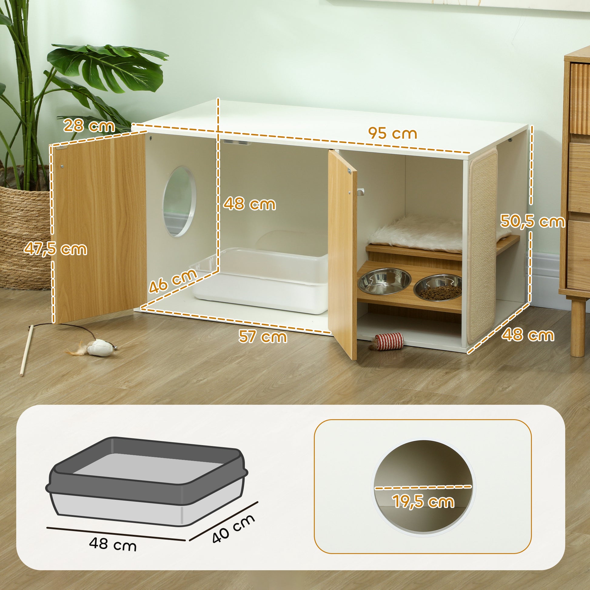 Pawhut Mueble Arenero Para Gatos 3 En 1 Con Puertas Estera Para Rascar Blanco_2
