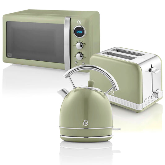 Swan Retro Set Desayuno Hervidor Agua 1,8l, Tostadora 2 Rebanadas, Microondas Digital 20l, Vintage, Strp2070gneu, Verde_0