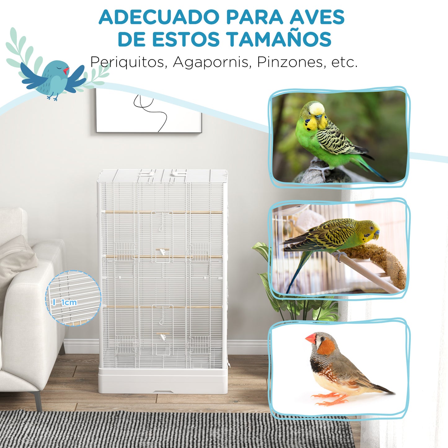 Pawhut Jaula Para Pájaros 61x36,5x98 Cm Con Puertas Perchas Bandeja Blanco_5