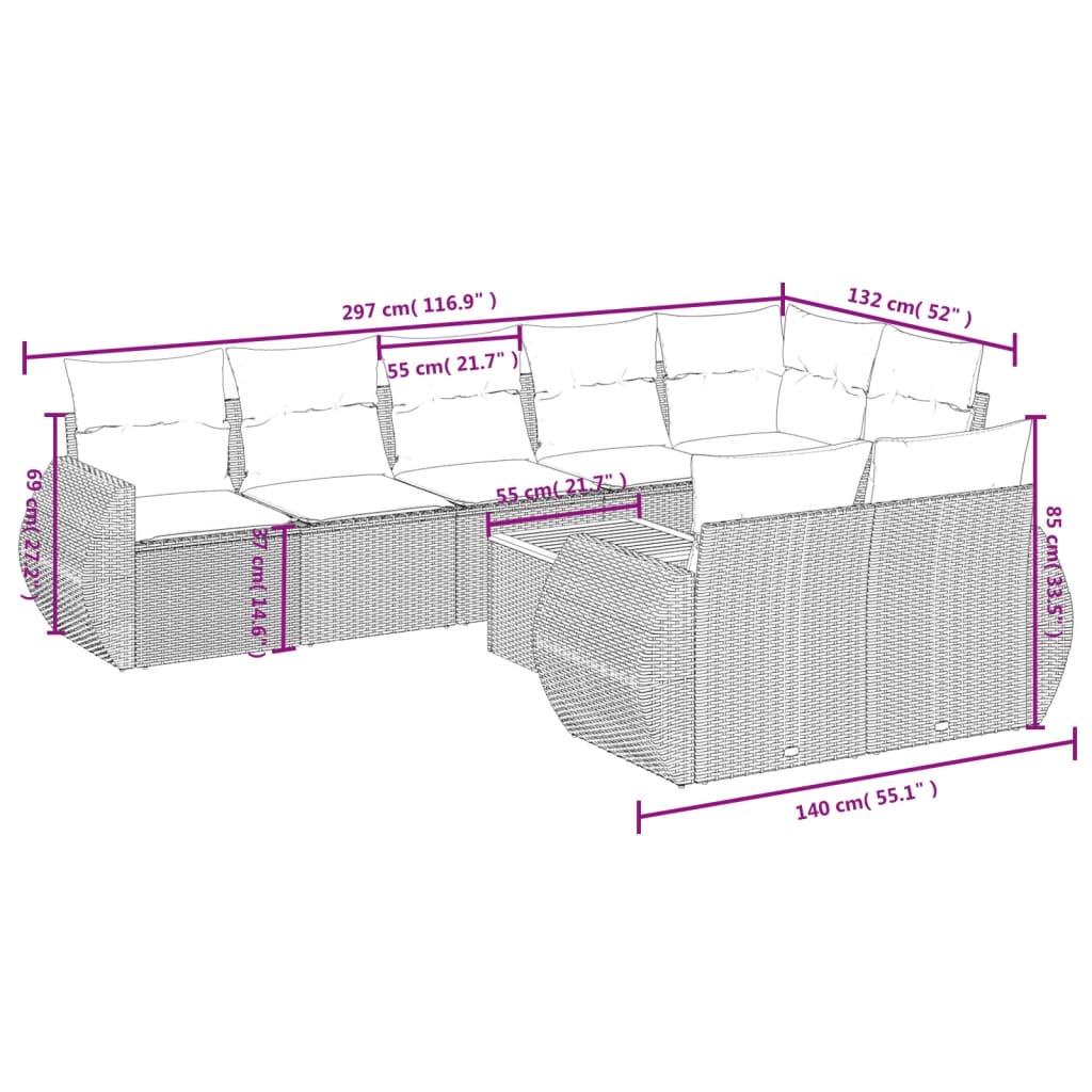 Set De Sofás De Jardín 9 Pzas Con Cojines Ratán Sintético Beige / Vetonek_2