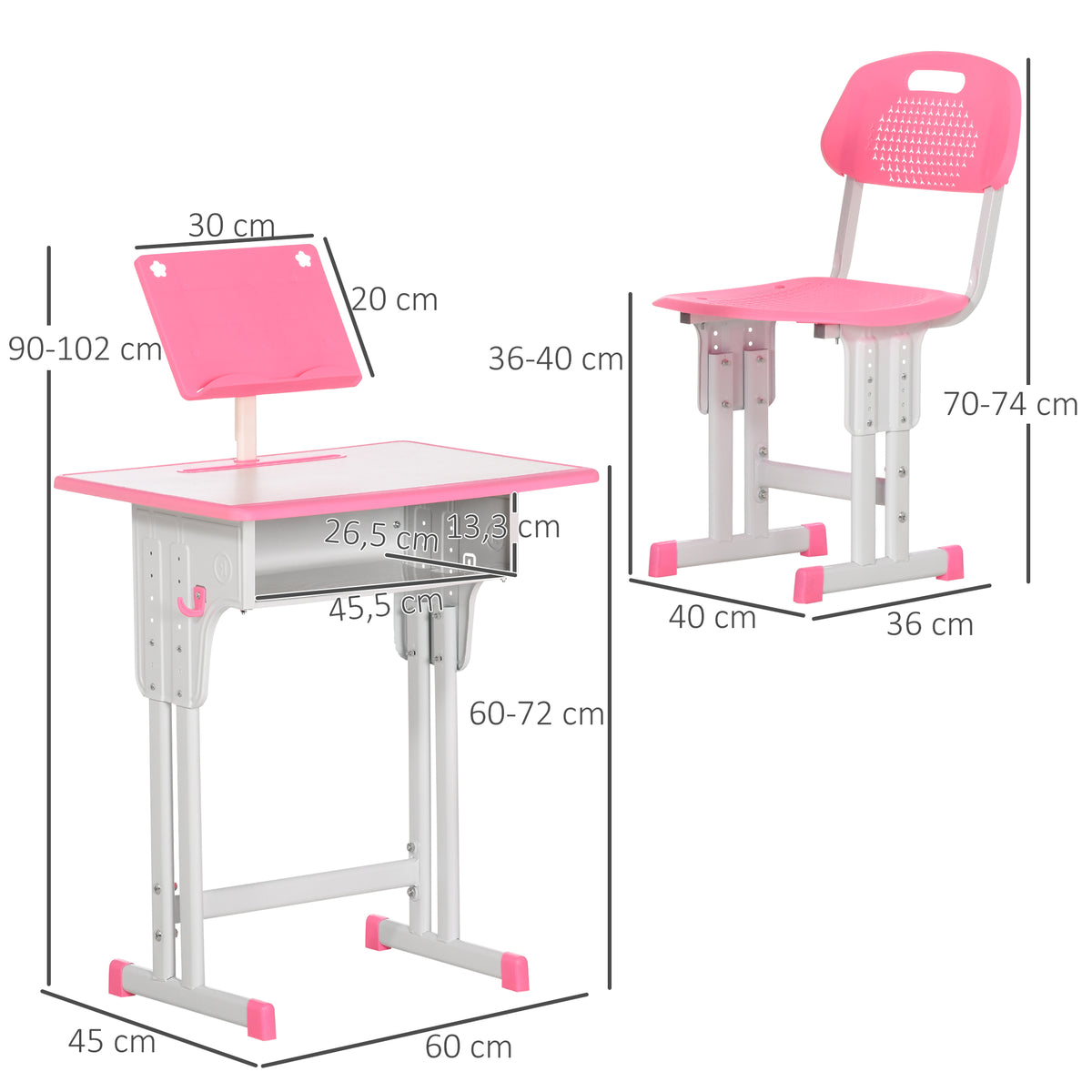 Secretária E Cadeira Para Crianças Homcom Rosa Pp, Mdf E Aço 60x45x90-120cm_2