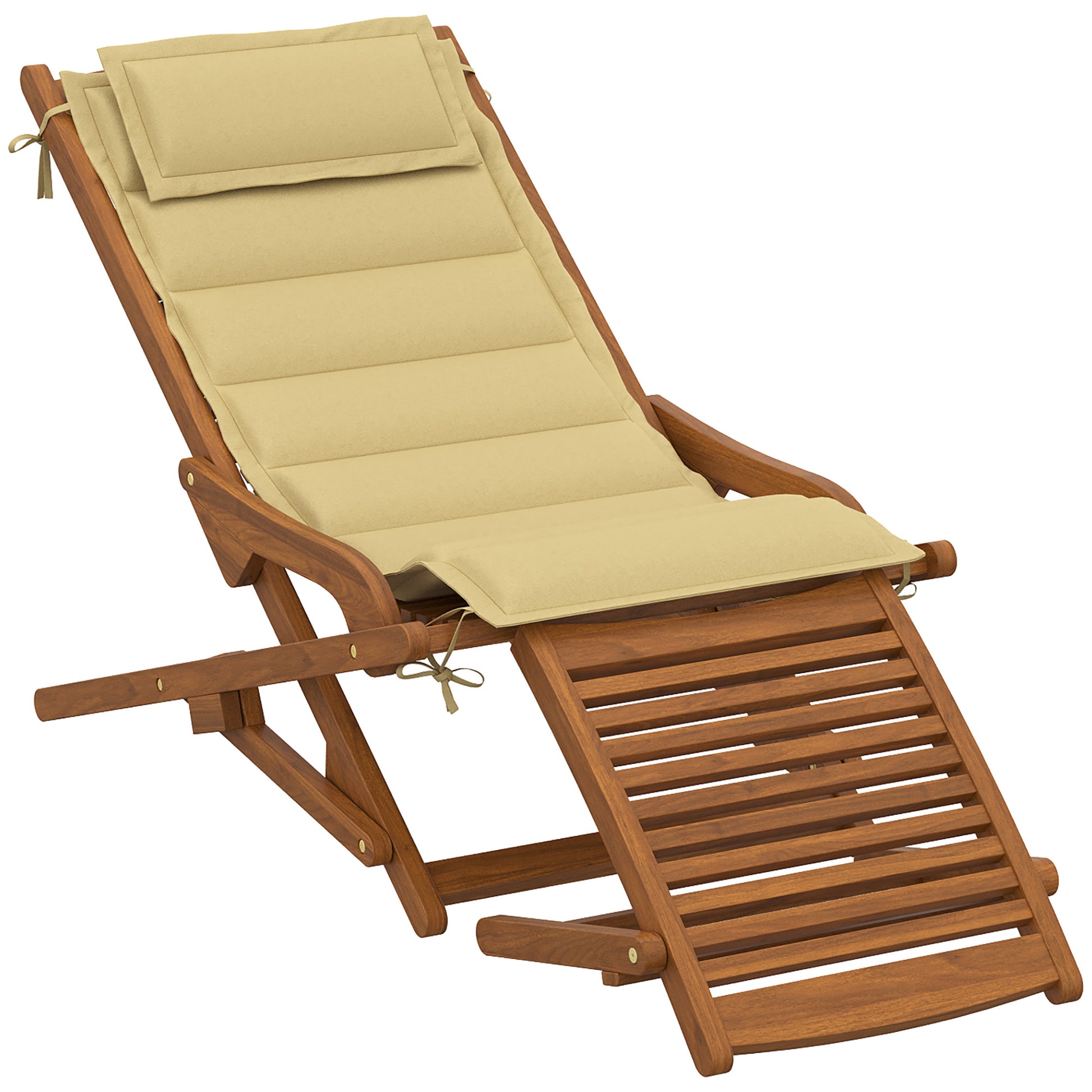 Outsunny Tumbona Silla Plegable De Madera Con Reposapiés Desmontable Y Cojín_4