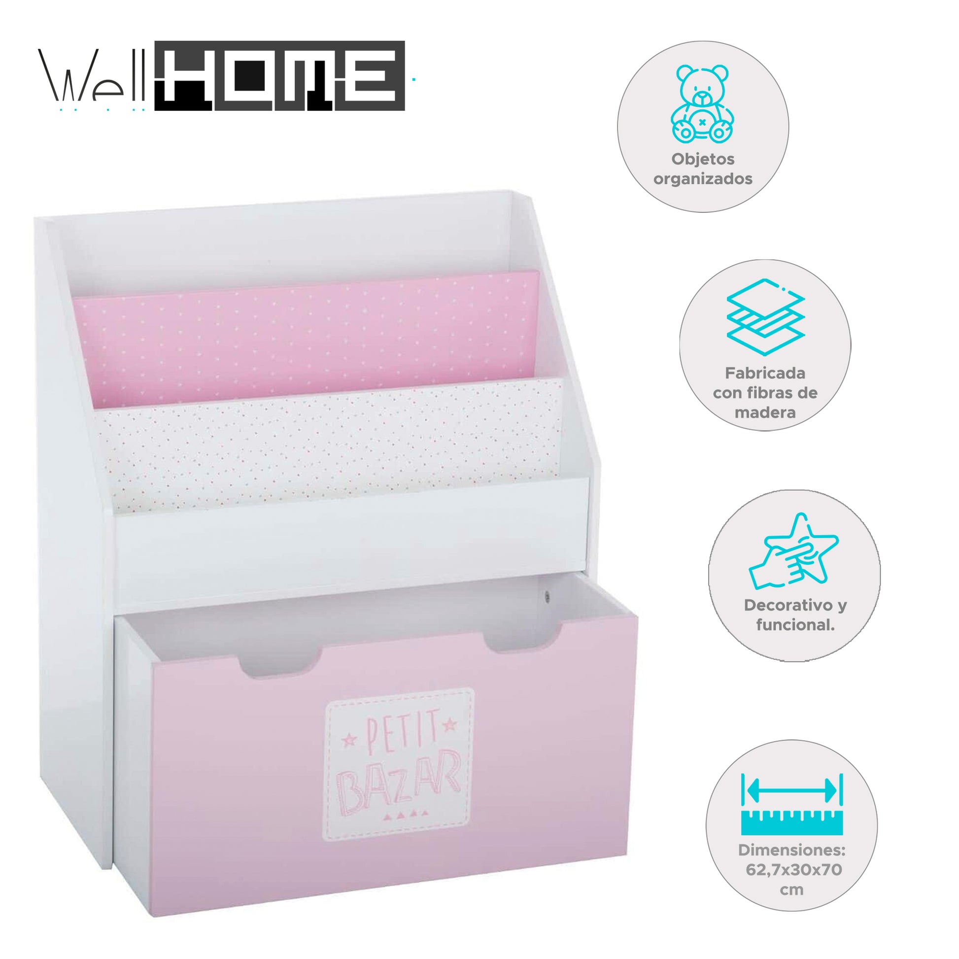 Estantería Con Cajón Y Ruedas Rosa 62,7x30x70cm