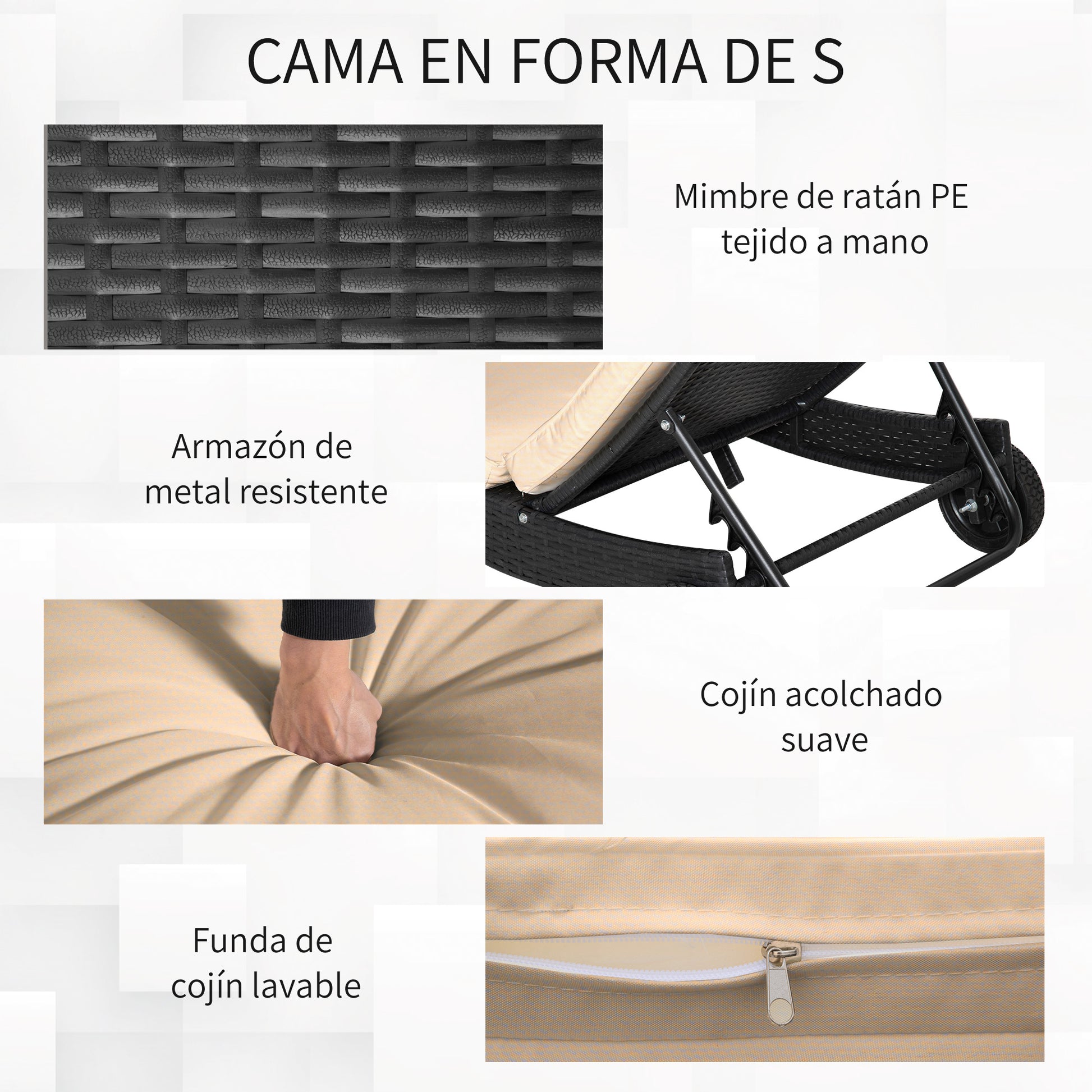 Outsunny Tumbona De Ratán Reclinable En Forma De S Con Ruedas 207x70x70cm Negro_5
