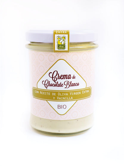 Crema Bio de chocolate blanco para untar. Con A.o.v.e variedad empeltre y vainilla_1