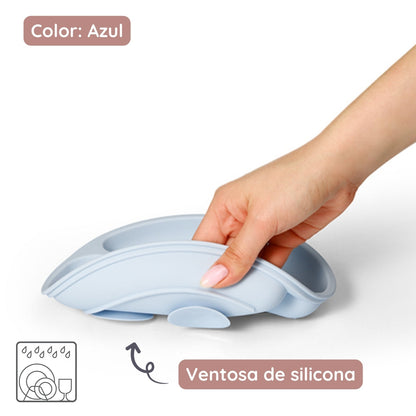 Plato De Silicona Con Compartimentos Y Ventosa Azul