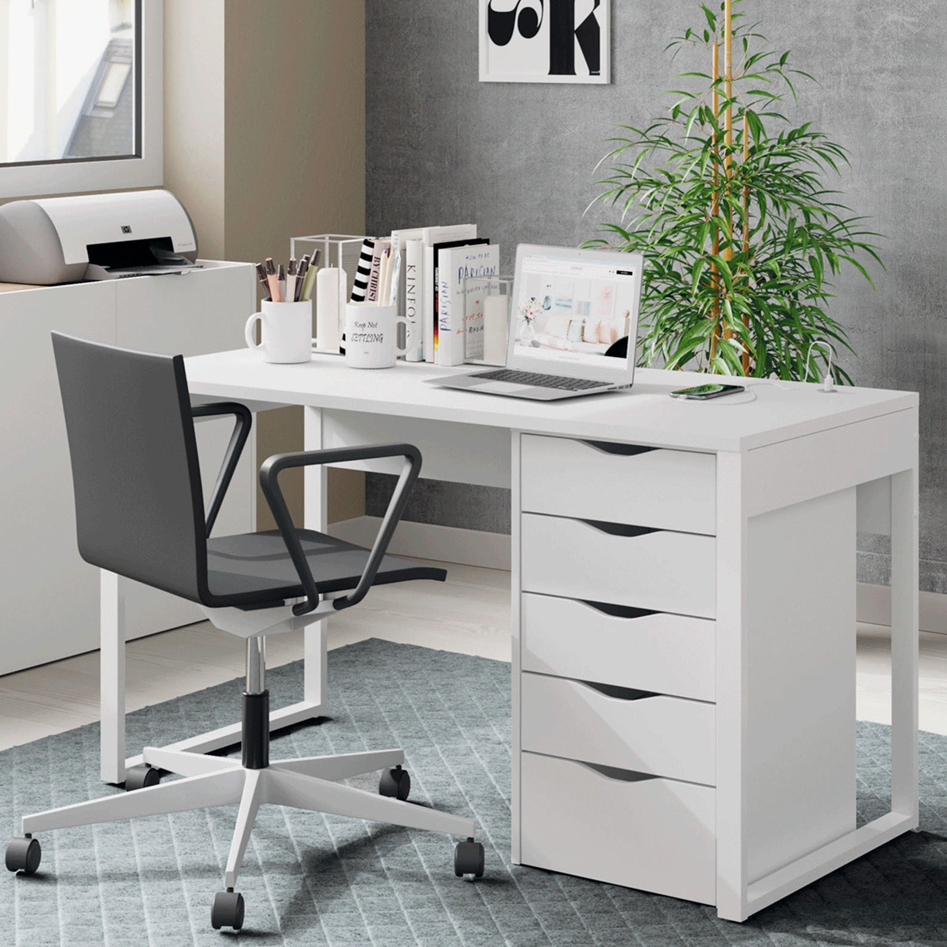 Escritorio Mesa De Ordenador Oficina Estudio, Patas Estructura Metálica Industrial 76x135x60cm, Briebe, Smuk, Blanco_2