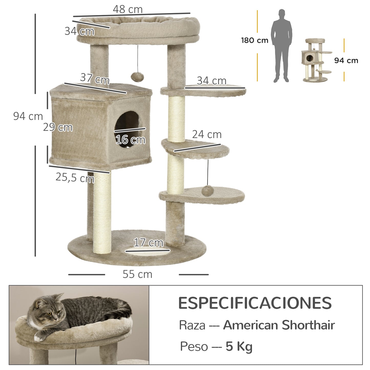Pawhut Árbol Rascador Para Gatos Altura 94 Cm Con Cama Cueva 3 Escaleras Bolas_2