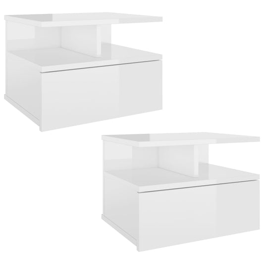 Mesita De Noche Flotante 2 Uds Madera Blanco Brillo 40x31x27 Cm_0