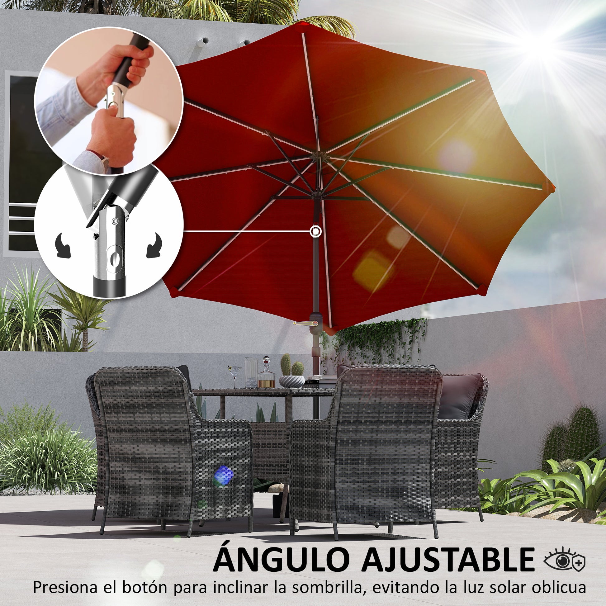 Outsunny Sombrilla Terraza Exterior Ø292x252 Cm Con Inclinación Ajustable Rojo_4