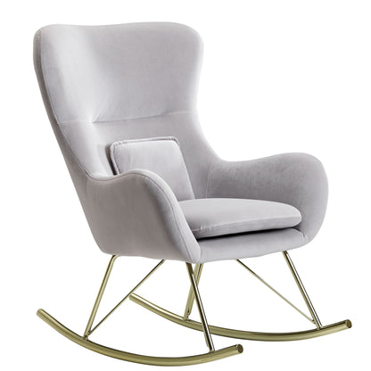 Mecedora De Terciopelo / Metal Gris Claro 74x101x89 Cm Con Patas Doradas_1