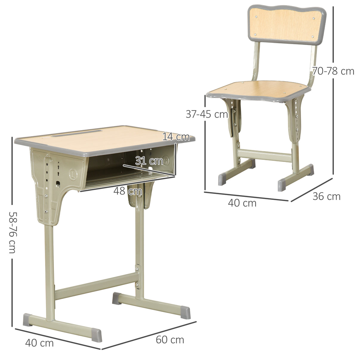 Secretária Para Crianças Homcom Pp, Mdf E Aço Madeira E Verde 60x40x58-76 Cm_2