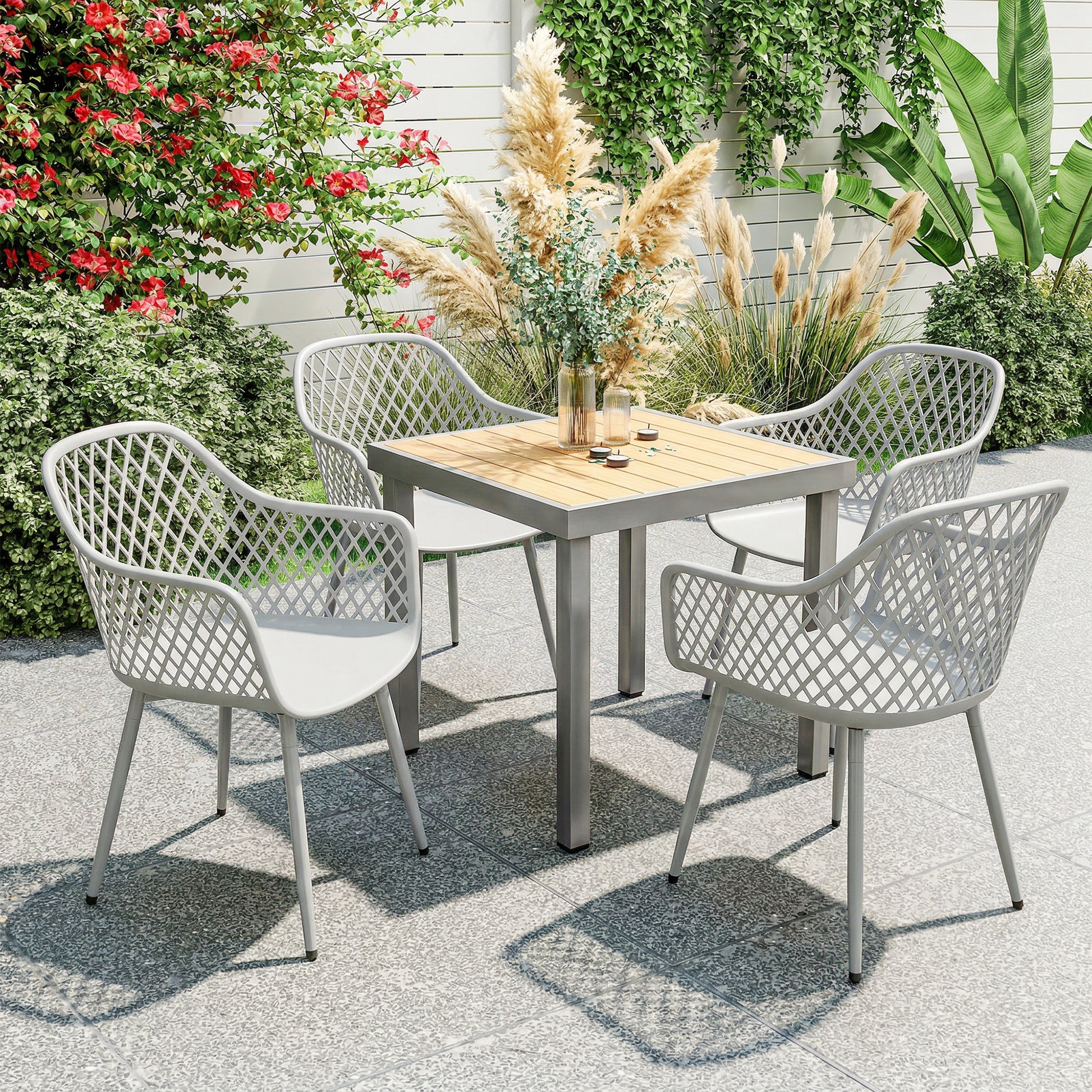 Outsunny Juego De 4 Sillas De Jardín Exterior De Pp Respaldo Diamante Gris_1