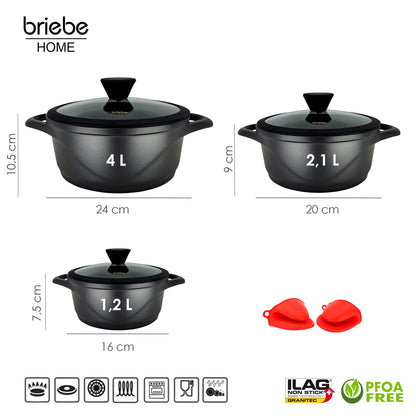 Batería De Cocina Inducción 6 Piezas Aluminio Fundido 3 Ollas Con Tapa De Cristal Antiadherente, Briebe, Mgk-18s, Negro