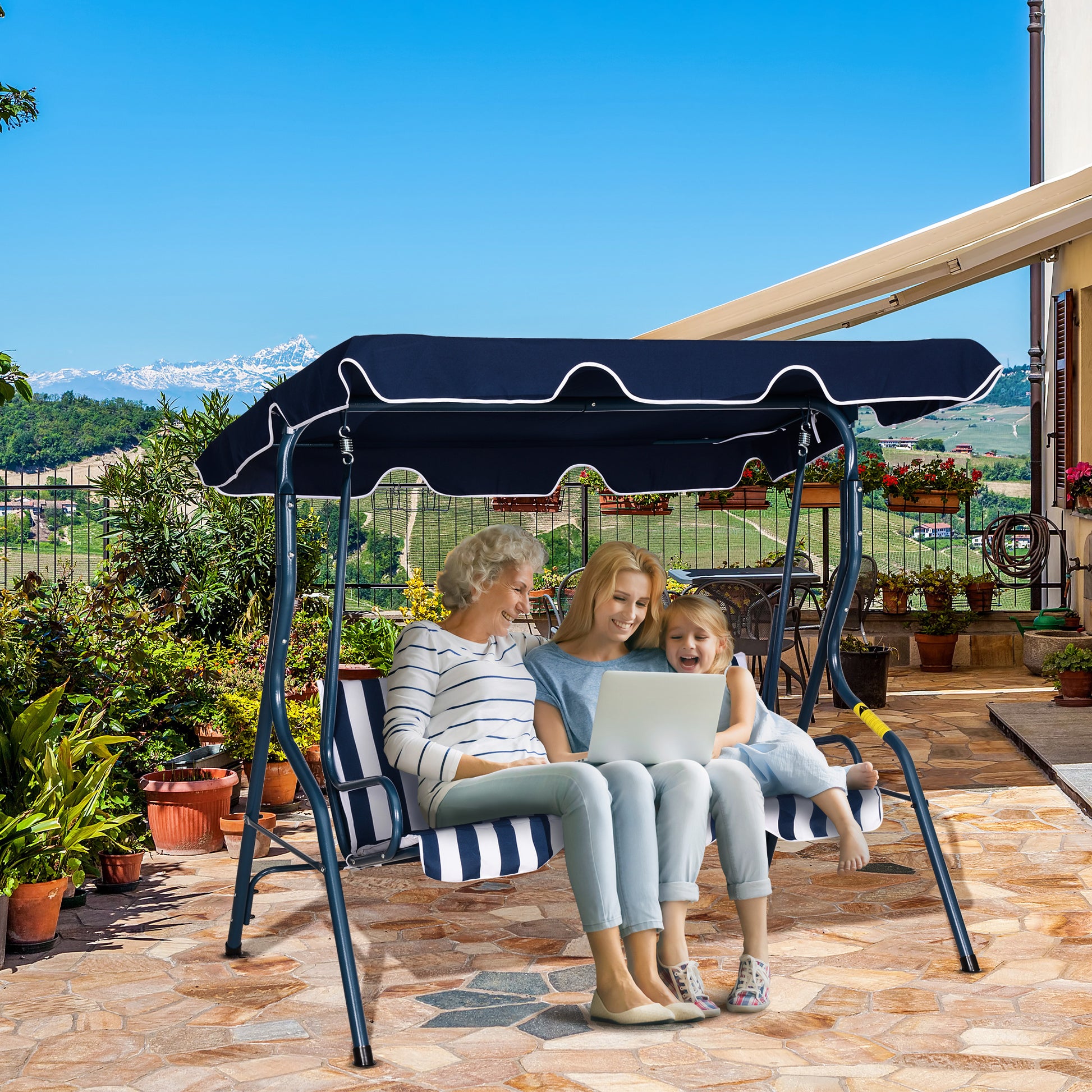Outsunny Columpio Balancín Jardín 2-3 Plazas De Metal Con Techo Ajustable Azul_1