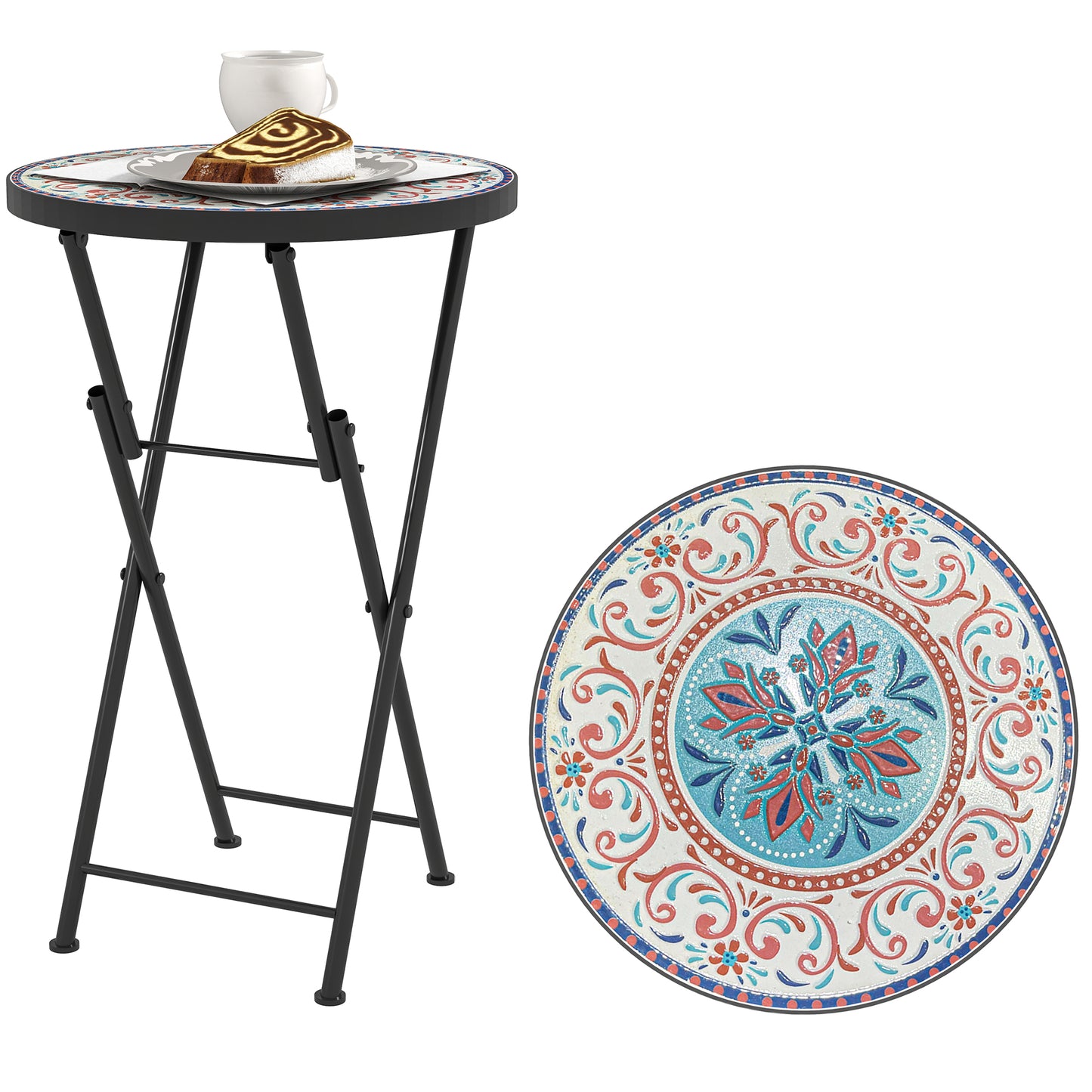 Outsunny Mesa Auxiliar Redonda Plegable Con Encimera De Mosaico Multicolor_0