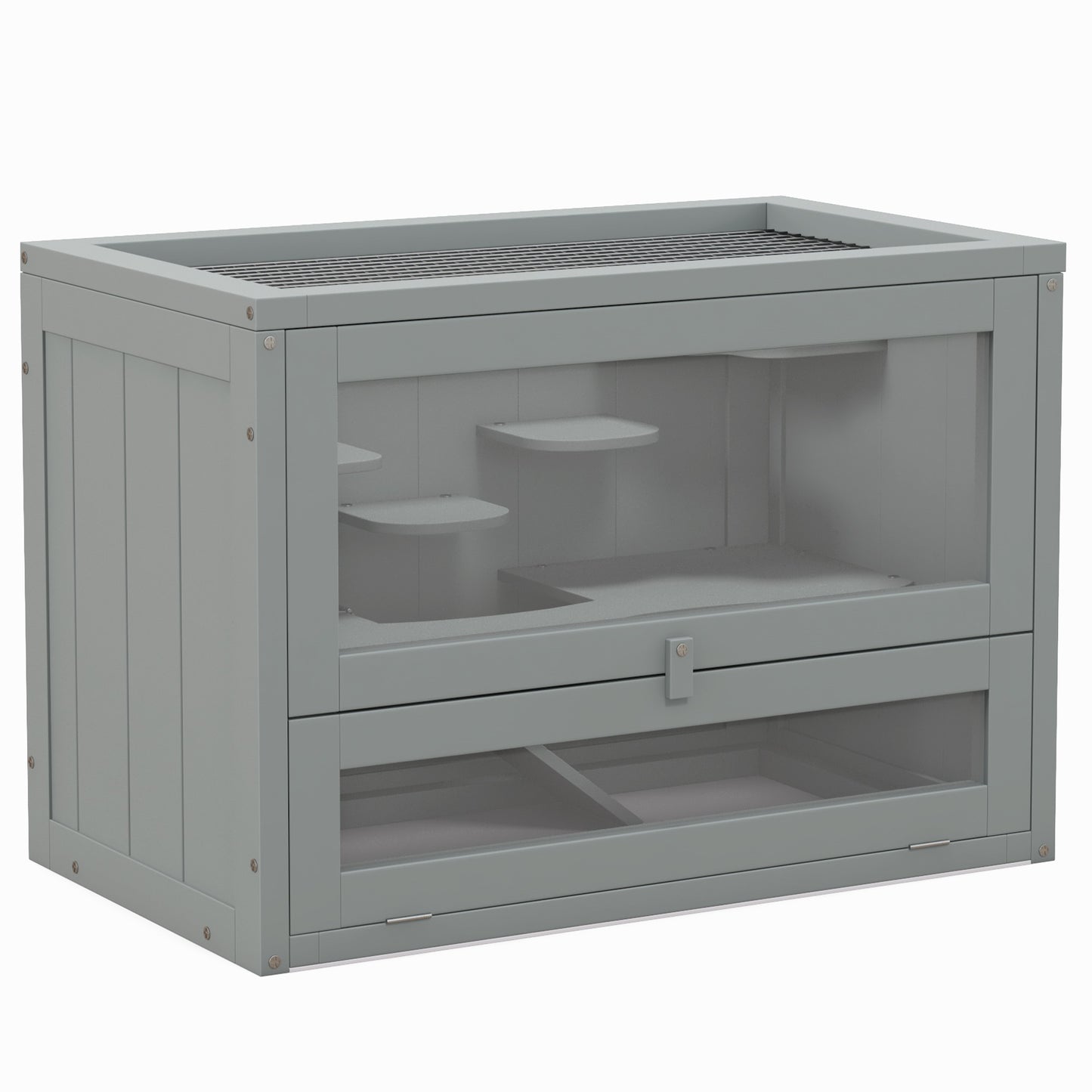 Pawhut Jaula Para Hámster De Madera De 2 Niveles Casa Para Animales Pequeños Con Plataformas Escaleras 60x35x42 Cm Gris_0