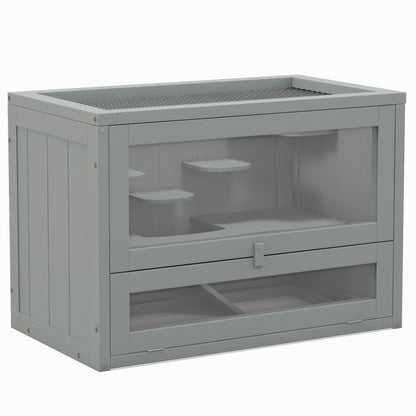 Pawhut Jaula Para Hámster De Madera De 2 Niveles Casa Para Animales Pequeños Con Plataformas Escaleras 60x35x42 Cm Gris_0