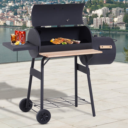 Outsunny Barbacoa De Carbón Con Termómetro Ruedas Estantes Madera 124x53x108cm_1