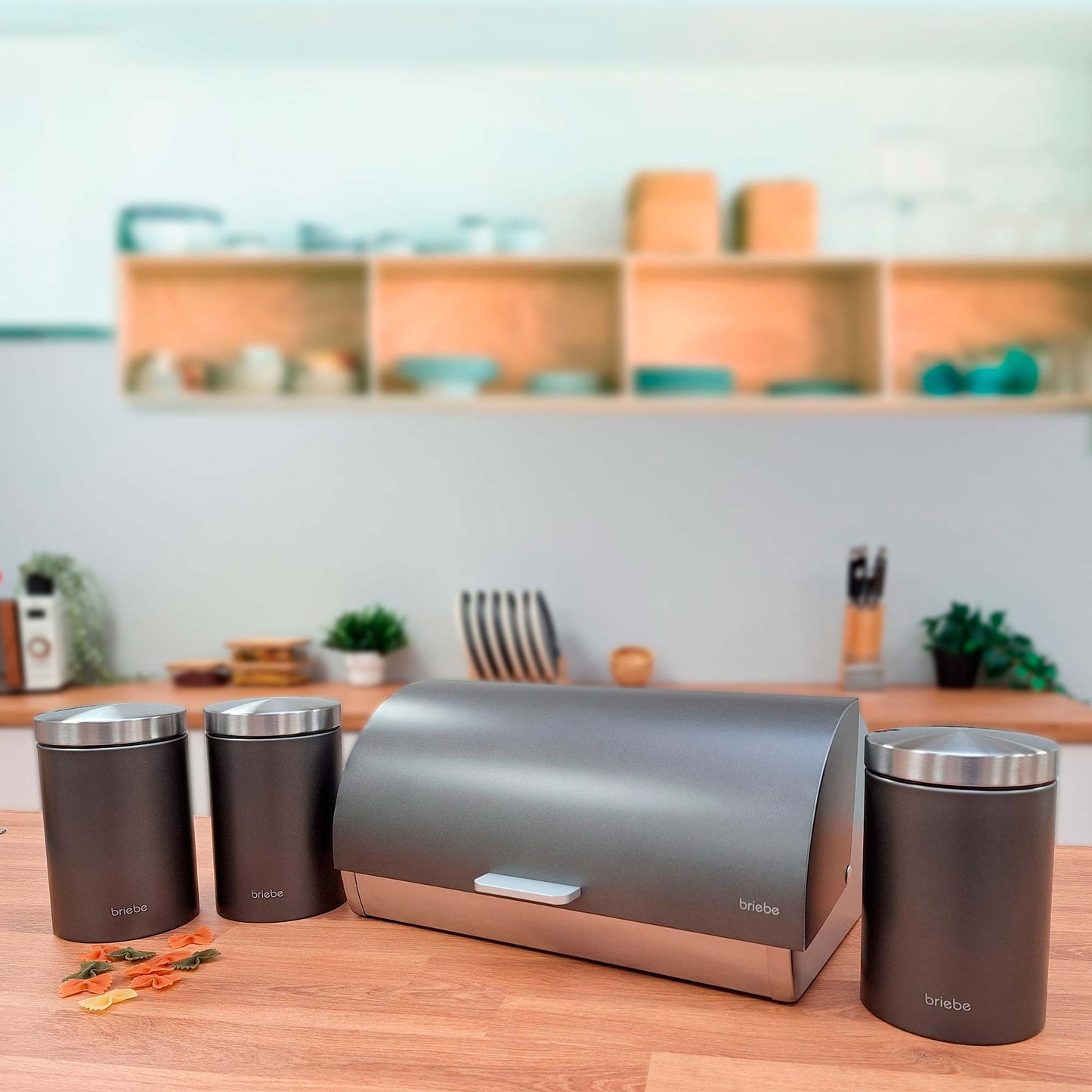 Panera De Mesa +juego 3 Botes Cocina Almacenaje Acero Inoxidable Contenedor De Pan Con Tapa, Briebe, Bb1161, Gris