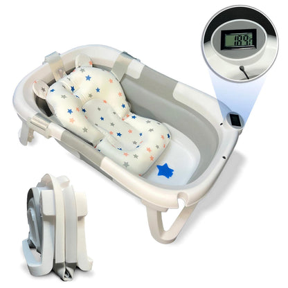 Bañera Bebé Plegable Con Termómetro, Cojín Antideslizante, Patas Antideslizantes, Gris Oasis Bathby_0
